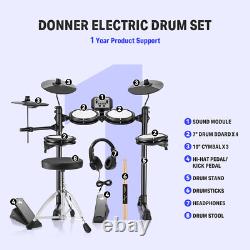 Donner DED-80 Electronic Drum Set 4 Quiet Mesh Pads 180 Sounds 15 Drum Kits Grey